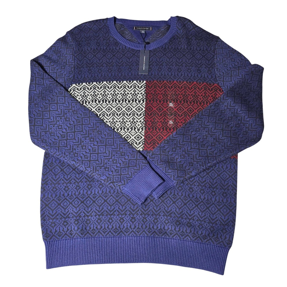 Tommy Hilfiger Fair Isle Flag Colorblock Crewneck Sweater Mens XL Navy Blue NWT